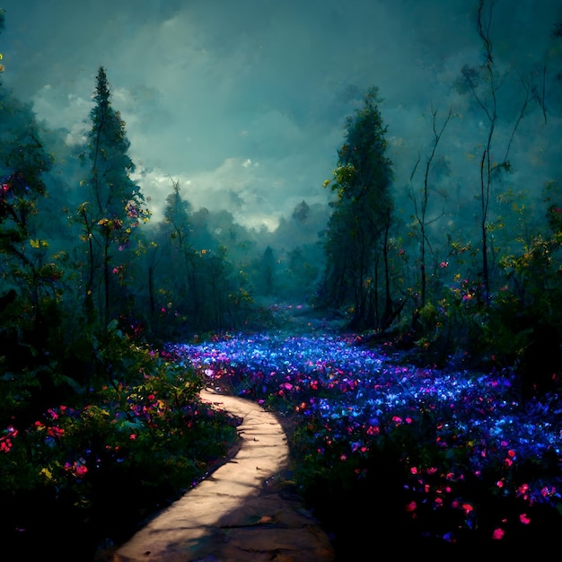 bosque con camino de flores sinuoso