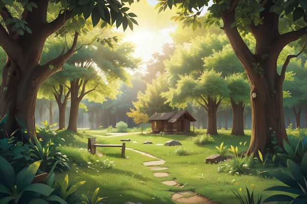 un bosque con un camino que conduce a una casa pequeña
