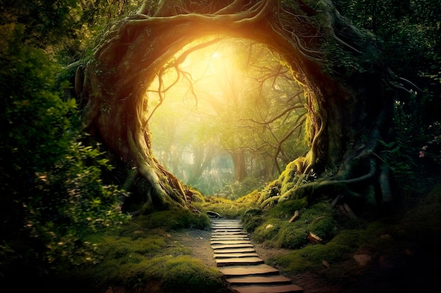 Un bosque con un camino que conduce a la entrada