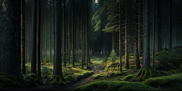 Un bosque con un camino que está cubierto de musgo.