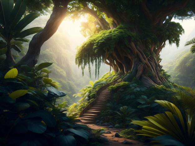 Un bosque con un camino que lleva a la jungla.