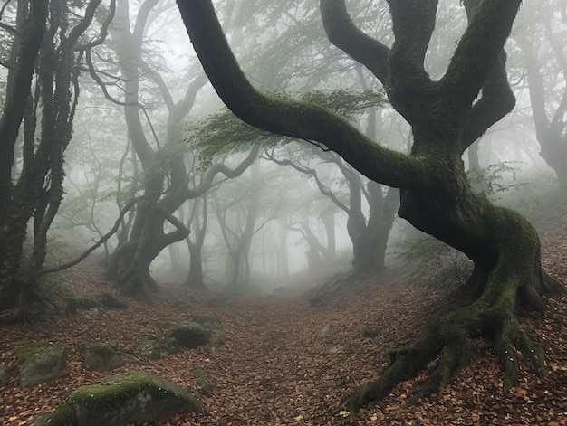 Un bosque con un camino que tiene un árbol