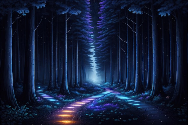 Un bosque con un camino que tiene luces