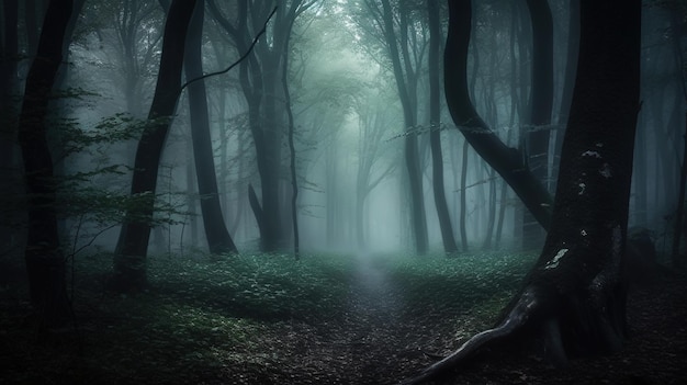 Un bosque con un camino que tiene una luz