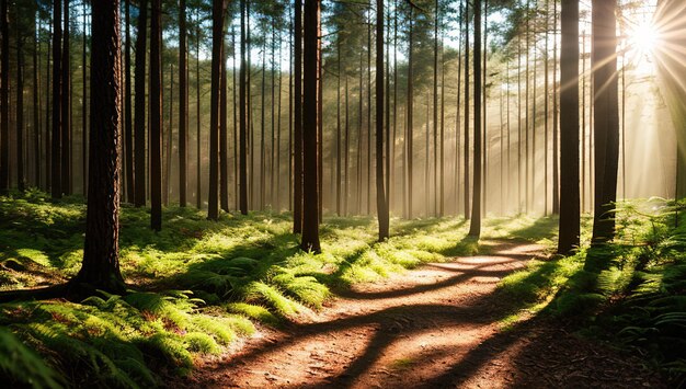 Un bosque con un camino que tiene el sol brillando a través de los árboles.