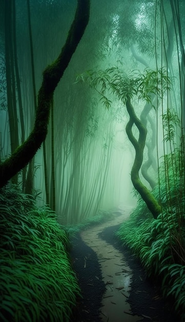 Un bosque con un camino sinuoso y árboles.