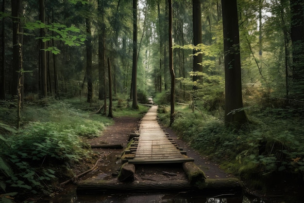 Bosque con camino de tarimas y árboles altísimos al fondo