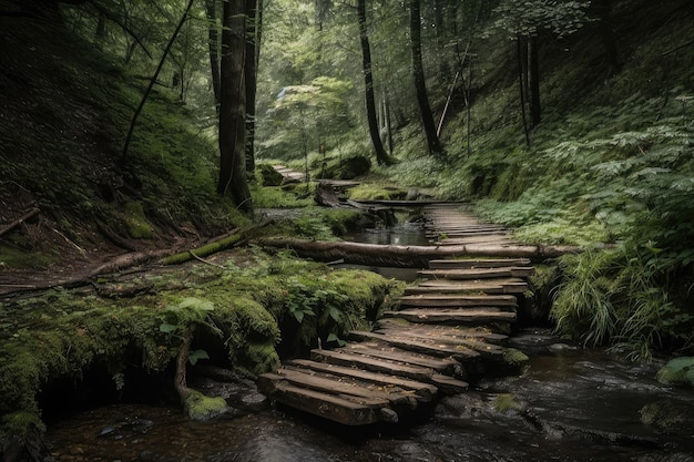 Bosque con camino de tarimas y cascada escondida