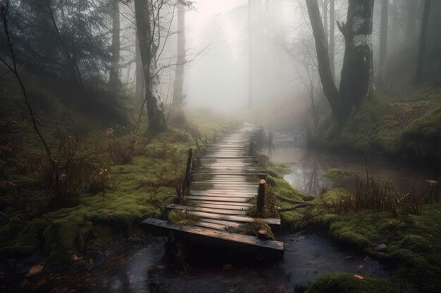 Bosque con camino de tarimas rodeado de niebla