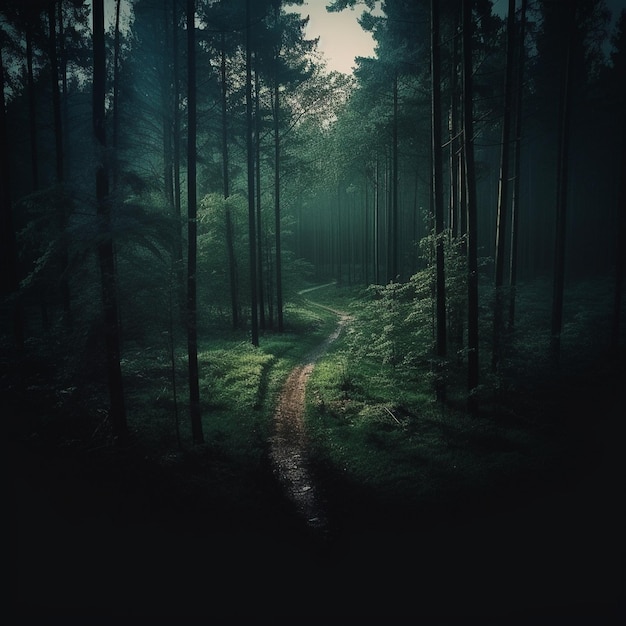 un bosque con un camino de tierra y un sendero en el medio