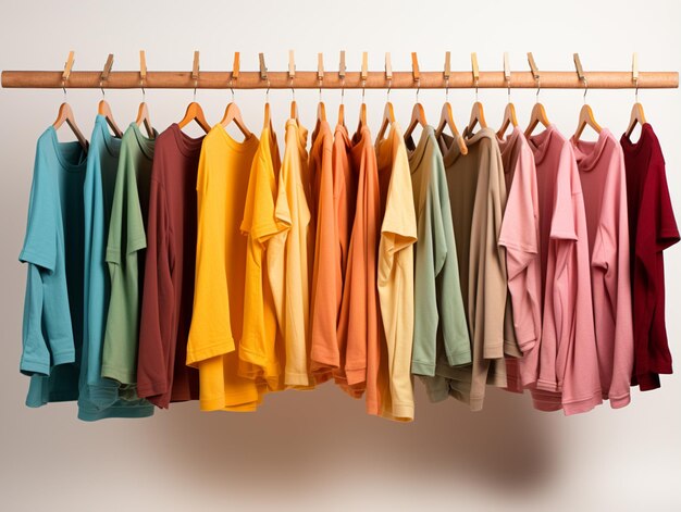 un bosque de camisas coloridas colgando en un estante de ropa generativa ai