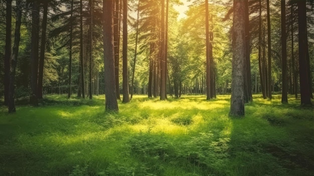 Un bosque con un campo verde y el sol brillando a través de los árboles.