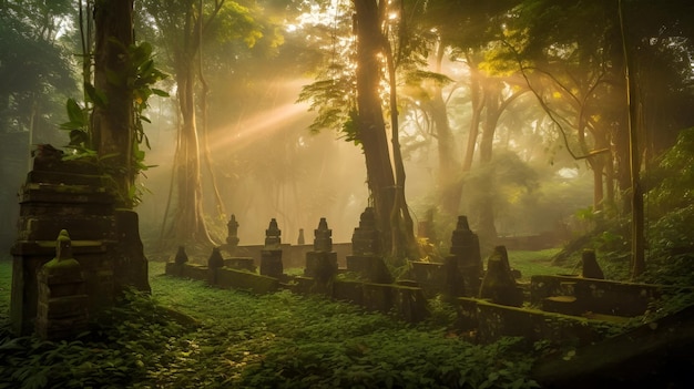 Un bosque con un cementerio en medio.