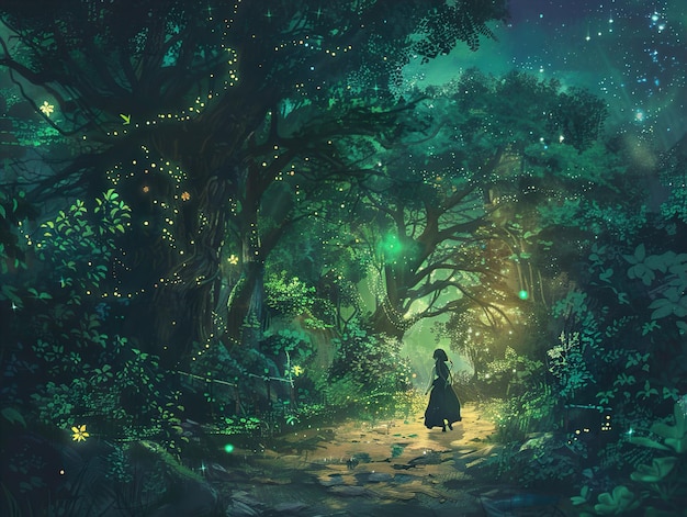 un bosque con una chica en un vestido y un libro llamado la magia