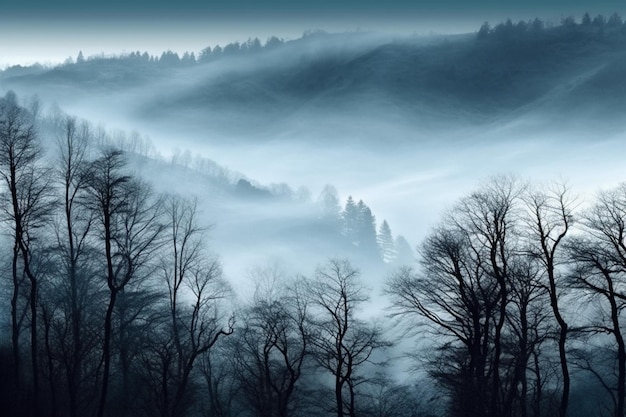 Un bosque con un cielo azul y árboles en primer plano