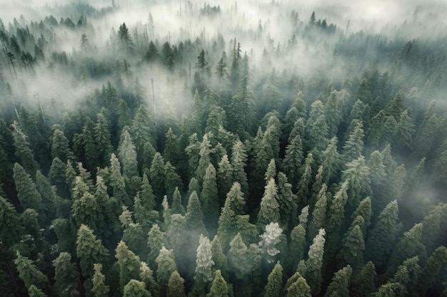 Un bosque con un cielo brumoso y un árbol en primer plano IA generativa