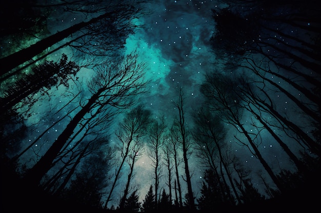 Un bosque con un cielo estrellado y un cielo nocturno estrellado.