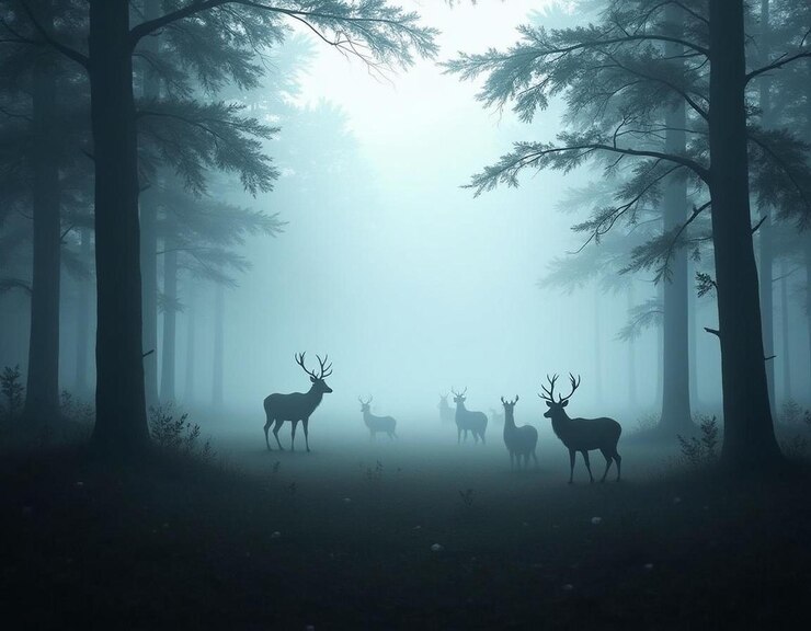 un bosque con ciervos en la niebla y árboles en el fondo
