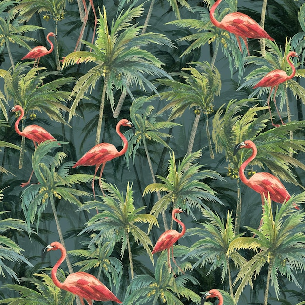 Un bosque de cocoteros con flamencos rosados sobre un fondo oscuro Ilustración de acuarela Patrón sin costuras de un gran conjunto de CUBA Para la decoración y el diseño de la cubierta de papel tapiz de telas textiles