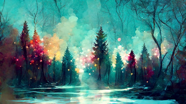 Bosque de colores mágicos brumosos