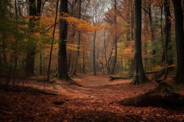 Bosque con coloridas hojas de otoño en el suelo y en los árboles creados con ai generativo