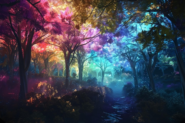 Un bosque colorido con árboles de diferentes colores