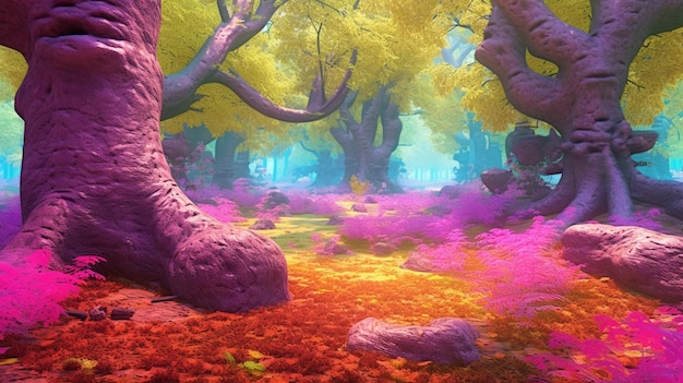 Un bosque colorido con un gran árbol rosa en el medio.