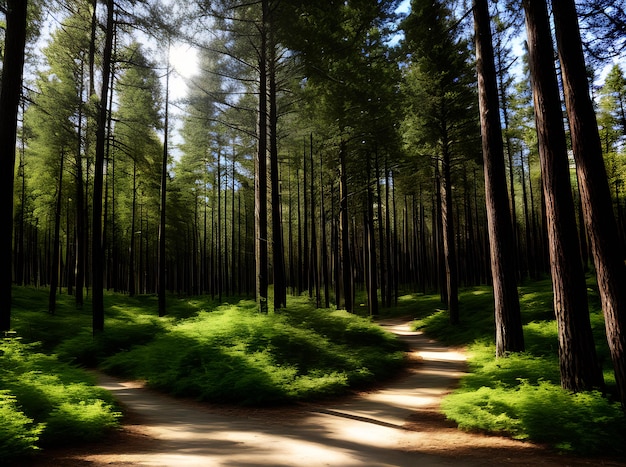 Bosque de coníferas dibujado con líneas de tinta dorada creando un efecto 3D con sombras en una paleta de colores neutrales Generativa AI Generada