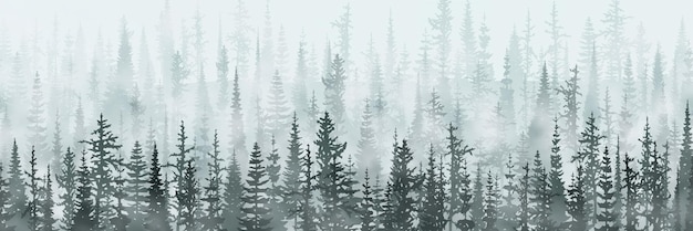 Bosque de coníferas en la pancarta de niebla matutina