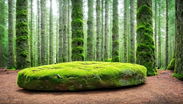 Bosque de coníferas verde y un pedestal de piedra hecho de musgo