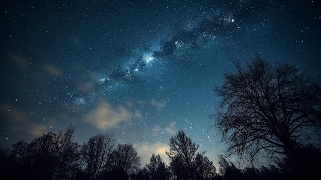 Bosque contra el cielo nocturno o Star Field At Night telón de fondo de siluetas de árboles IA generativa