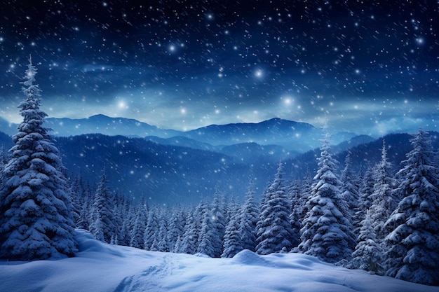 Foto bosque en una cresta de montaña cubierta de nieve vía láctea en un cielo estrellado noche de invierno de navidad