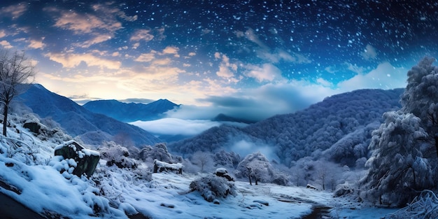 Bosque en la cresta de una montaña cubierta de nieve