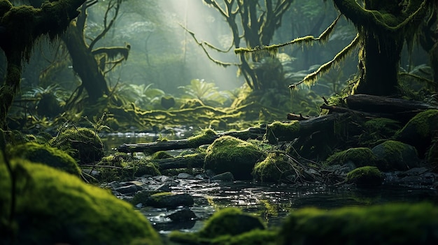 Bosque cubierto de musgo con árboles caídos en lo profundo de Mossy Wonderland