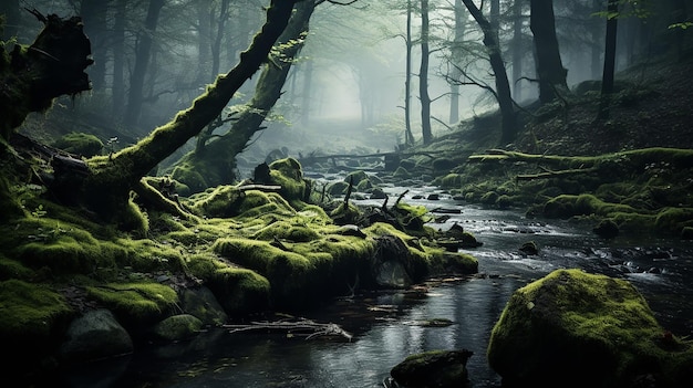 Bosque cubierto de musgo y niebla con árboles caídos