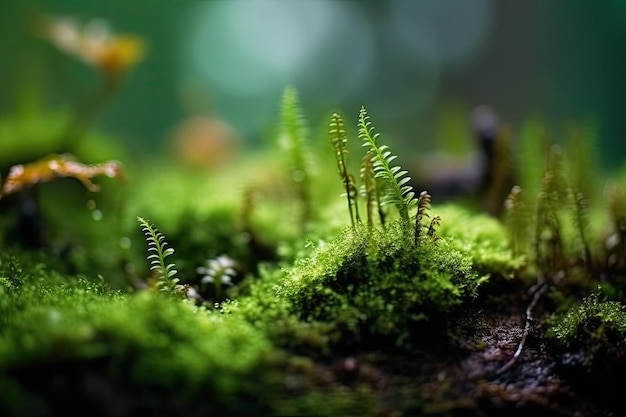 Un bosque cubierto de musgo con una pequeña planta parecida a un helecho que crece en él.
