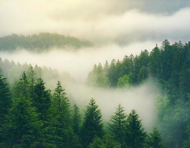 El bosque cubierto de niebla blanca