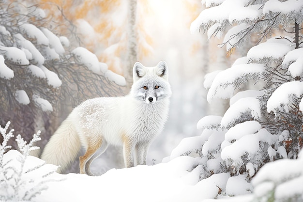 Bosque cubierto de nieve blanca y pequeño zorro ártico depredador