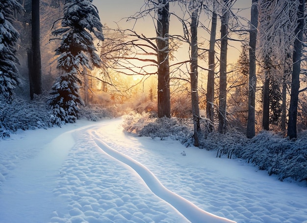 Bosque cubierto de nieve con un camino sinuoso al amanecer.