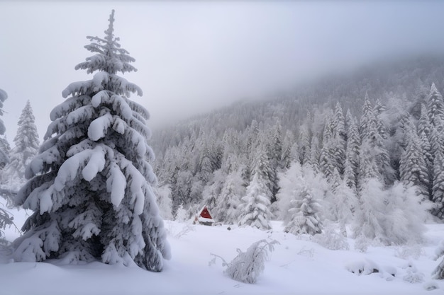 Bosque cubierto de nieve con vista al colorido árbol de navidad en primer plano creado con ai generativo
