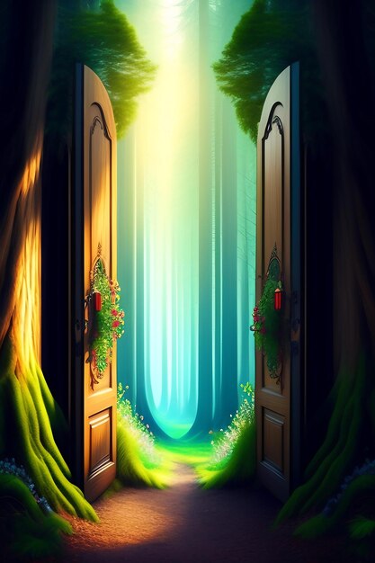 Foto bosque de cuento de hadas de fantasía con puertas mágicas