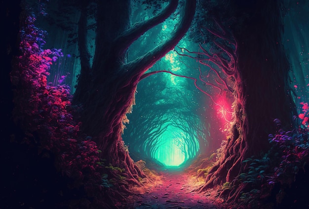 Un bosque de cuento de hadas, un paisaje místico surrealista Los árboles oscuros están iluminados por luces de neón psicodélicas multicolores Un camino misterioso a través de la espesura Representación 3D IA generada