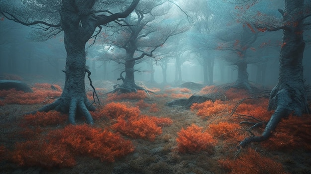 Bosque de cuento de hadas Árboles místicos con hojas naranjas y rojas en niebla azul