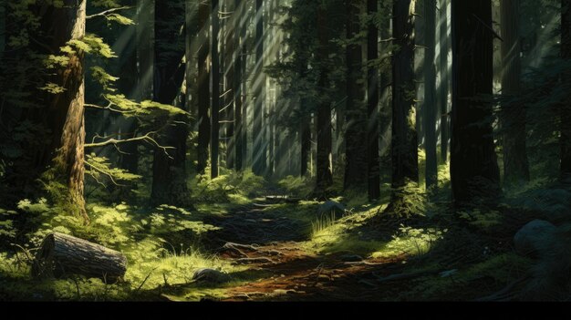 Un bosque denso con árboles altísimos y luz solar moteada