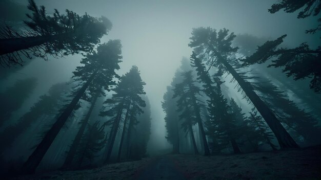 Bosque denso con pinos altos y niebla en él