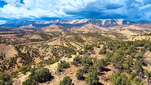 Bosque desértico con gran paisaje montañoso abierto y nubes de tormenta