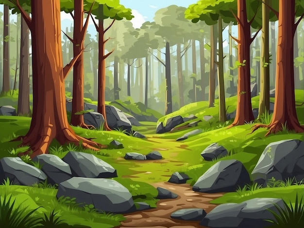 Bosque de dibujos animados Fondo Paisaje natural con árboles de hoja caduca