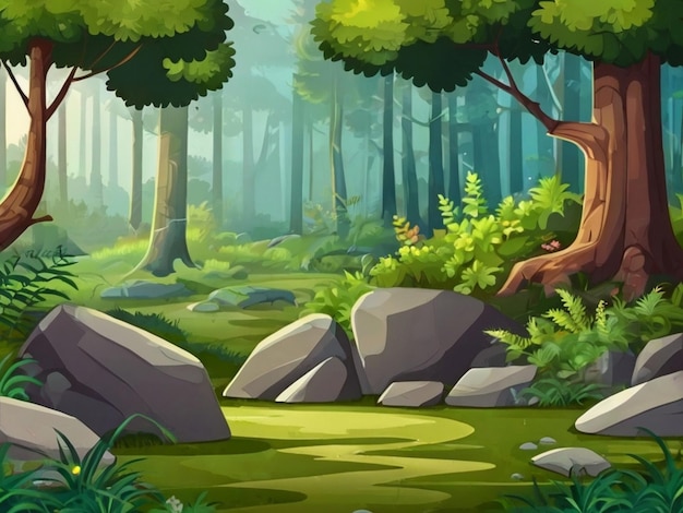 Foto bosque de dibujos animados fondo paisaje natural con árboles de hoja caduca