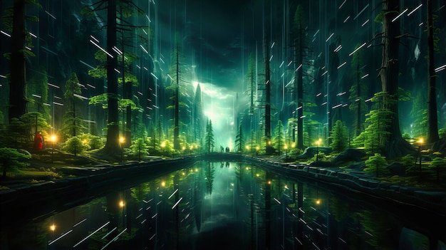 Foto bosque digital con elementos de realidad aumentada