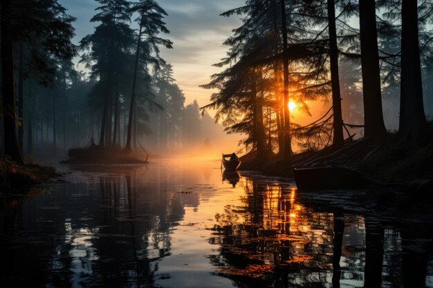 Bosque dormido reflejado en el lago al amanecer bajo el cielo dorado y la niebla etérea generativa IA